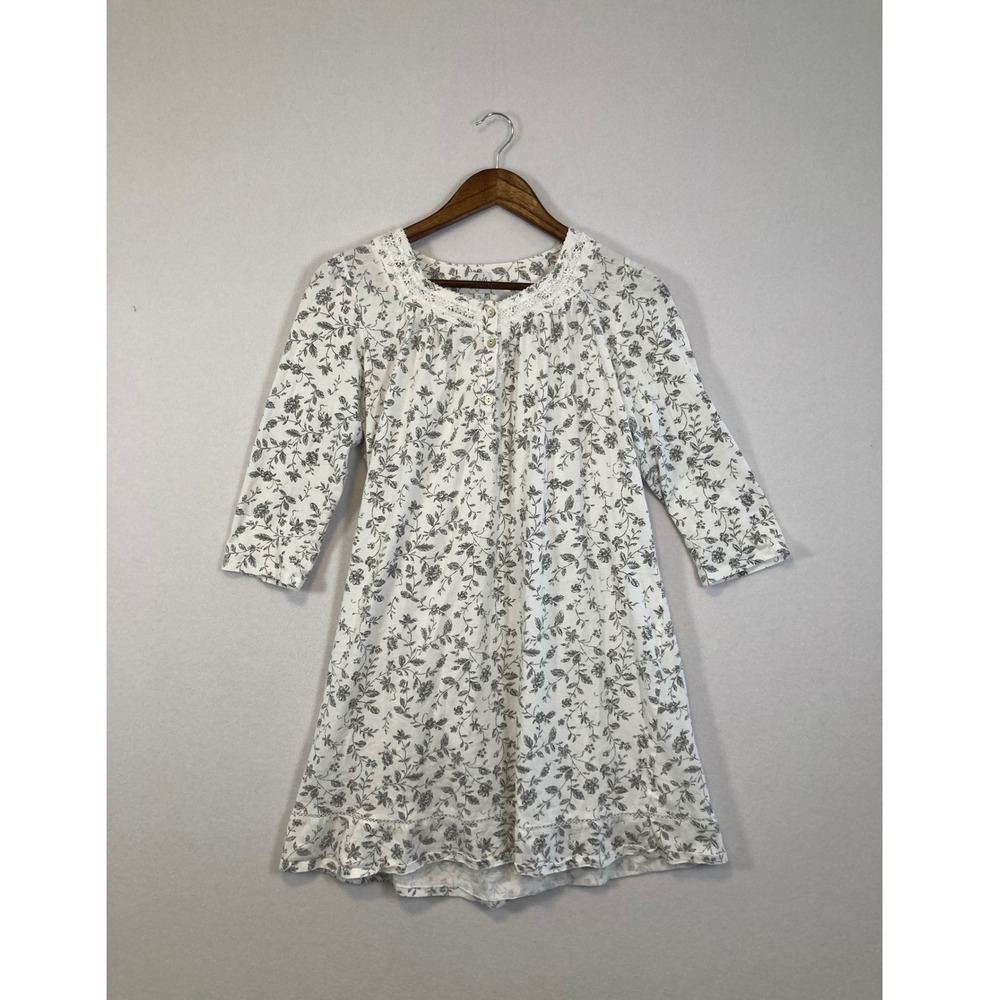 Aria Womens Floral Nightgown White Gray Lace Trim Button Front Sleepwear Size S